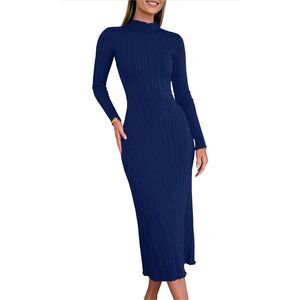 NEW Blue Long Sleeve Mock Neck Slim Fit Ribbed Knit Bodycon Maxi Dress XL